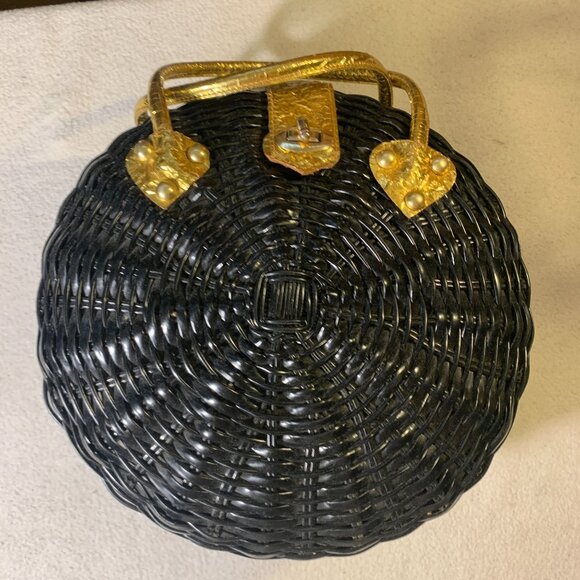 Vintage British Hong Kong Woven Wicker Basket Purse Handbag Black Gold - Picture 1 of 11